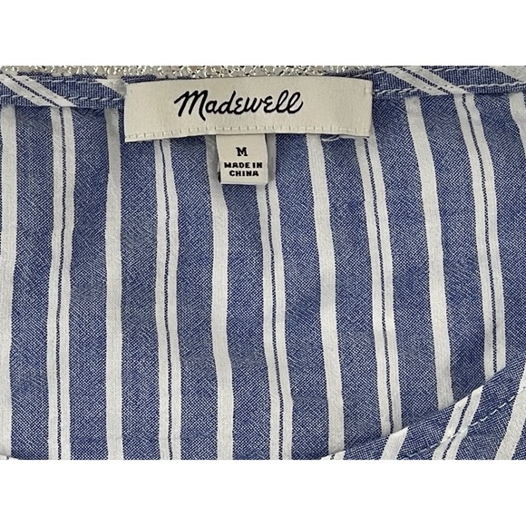 Madewell Smocked Ruffle-Sleeve Top Blue Striped Blouse Women's M Coastal Chic - Picture 8 of 15